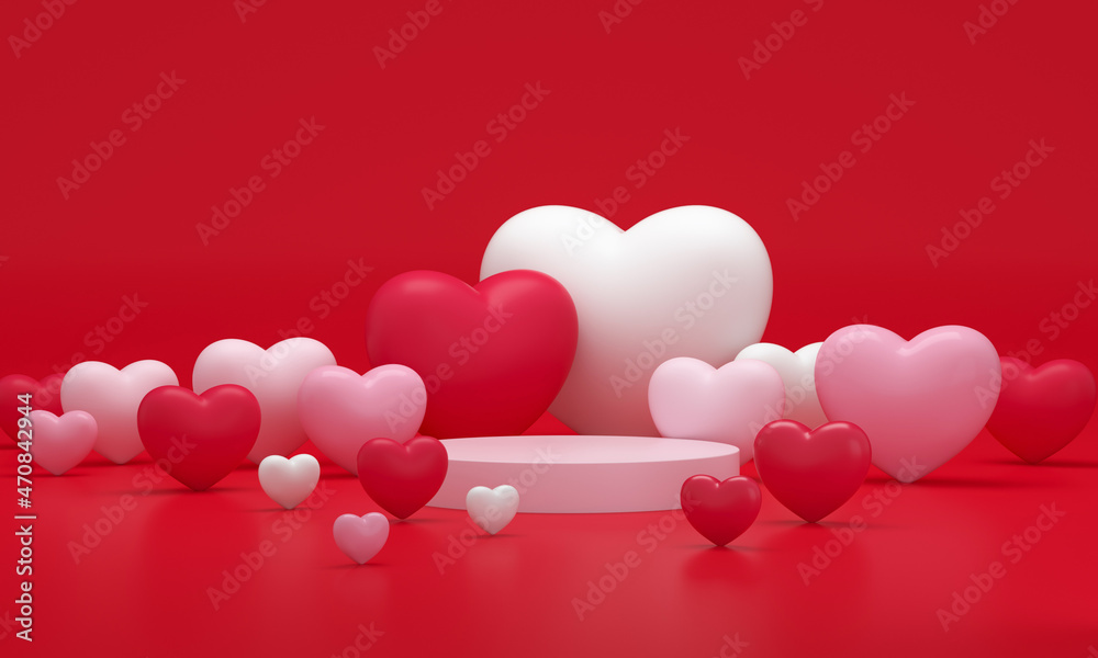 Podium of Valentine´s day full of hearts on red studio background.