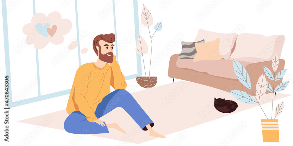 Obraz premium Dreaming people concept in modern flat design. Happy man sitting at floor and dreaming at home. Young guy sits at cozy room and thinking about love, person scene. Vector illustration for web banner