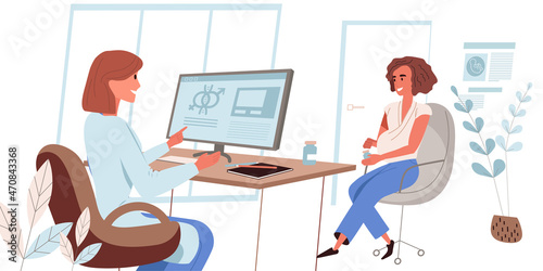 Medical clinic people concept in modern flat design. Pregnant woman visits doctor, therapist consults her and prescribes treatment. Medical services person scene. Vector illustration for web banner
