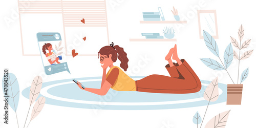 Browse social network people concept in modern flat design. Woman looks and likes at photos, uses smartphone lying at floor. Online communication person scene. Vector illustration for web banner