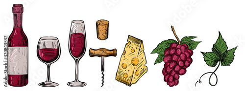 Set of wine and related objects, hand drawn color vector illustration