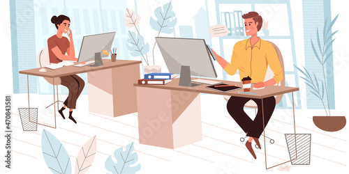 Business office people concept in modern flat design. Employees working at computers and calling phones sitting at desks. Colleagues at workplaces  person scene. Vector illustration for web banner