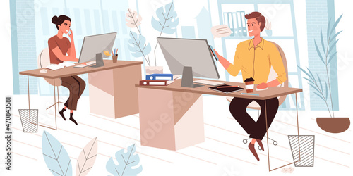 Business office people concept in modern flat design. Employees working at computers and calling phones sitting at desks. Colleagues at workplaces, person scene. Vector illustration for web banner
