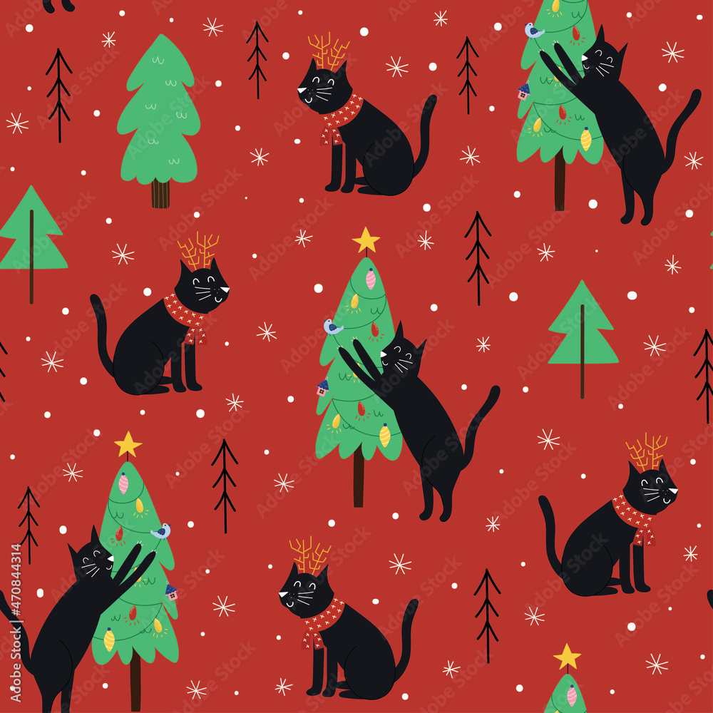 Cute cat and Christmas tree seamless pattern. Kitten sharpens its claws on the Christmas tree. Funny xmas holiday background. Vector illustration Cute cat and Christmas tree seamless pattern. Kitten sharpens its claws on the Christmas tree. Funny xmas holiday background. Vector illustration