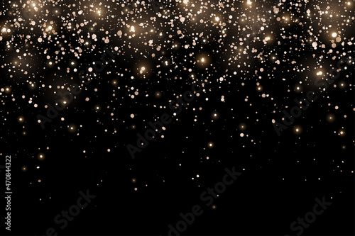 Bronze gold glitter holiday confetti with glow lights on black background. Vector