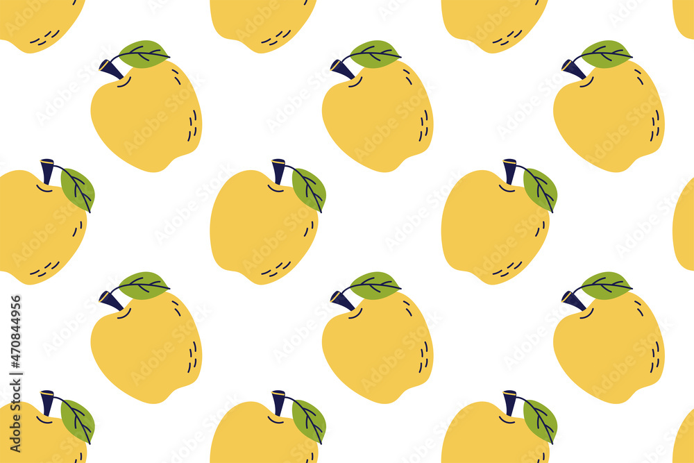 Yellow apple fruit with leaf. Seamless pattern. Hand drawn vector illustration. Sweet natural food.