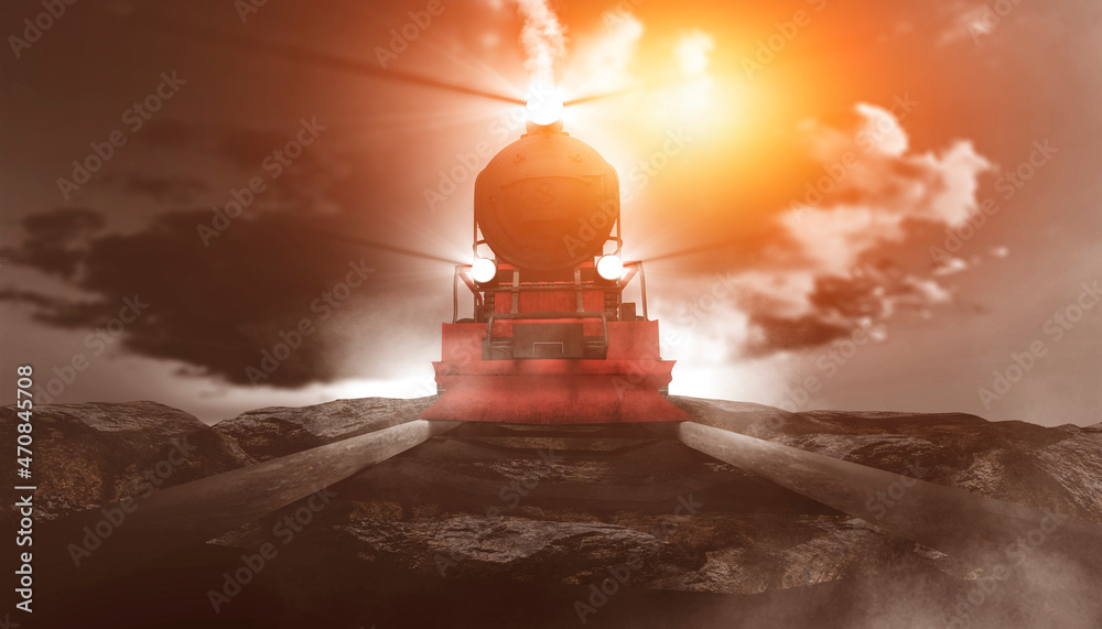 Evening fantasy landscape with train at neon sunset. Vintage train close-up. Smoke, smog, stones on the railroad. 3D illustration. Evening fantasy landscape with train at neon sunset. Vintage train close-up. Smoke, smog, stones on the railroad. 3D illustration.