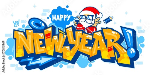 Abstract Isolated Banner Happy New Year With Santa Claus In Graffiti Style Font Lettering Vector Illustration
