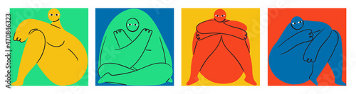 Strange creatures vector set in boho, geometric style. Characters are likley woman, that sit, sad, angry, calm, be scaried