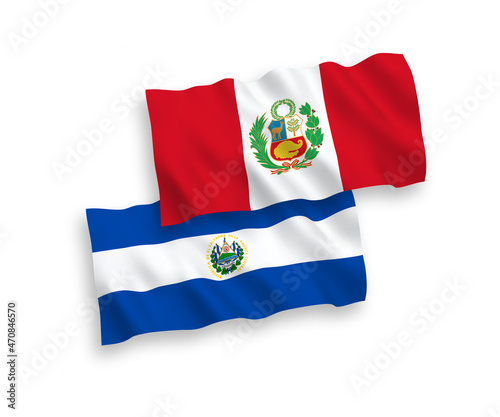 National vector fabric wave flags of Republic of El Salvador and Peru isolated on white background. 1 to 2 proportion.