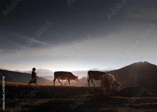 woman returning home with her animals at sunset