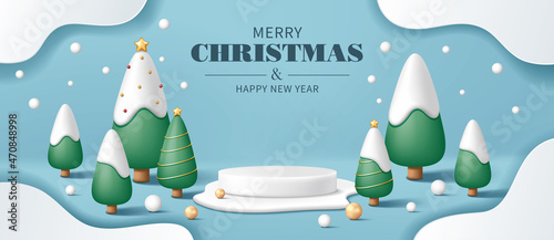 White pedestal or podium with pine trees, snow and pearls on blue background.  Christmas concept. Vector illustration for product demonstration, banner, poster, flyer, advertisement.