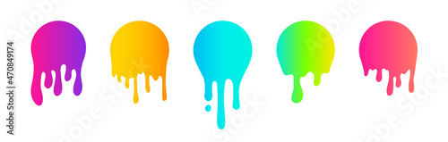 Paint Dripping circle stickers collection. Vibrant colors gradient vector current paint icons set. Liquid stains, Paint flows, abstract splatter design elements isolated on white background