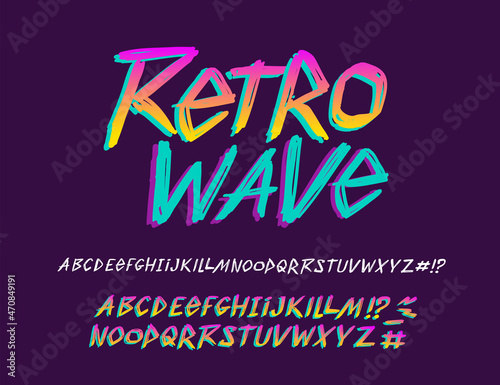 Retro Wave hand drawn type font and vector doodle alphabet - vector template. Set for print tee and poster design. Handwritten fashion lettering. Vintage grunge type font