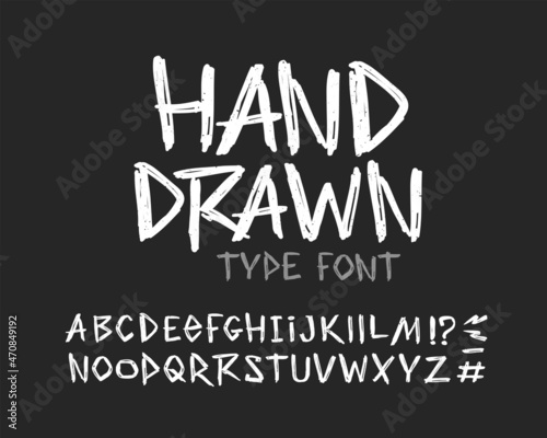 Retro Hand Drawn grunge type font and vector doodle alphabet - vector template. Set for print tee and poster design. Handwritten lettering. Vintage white Rock style type font photo