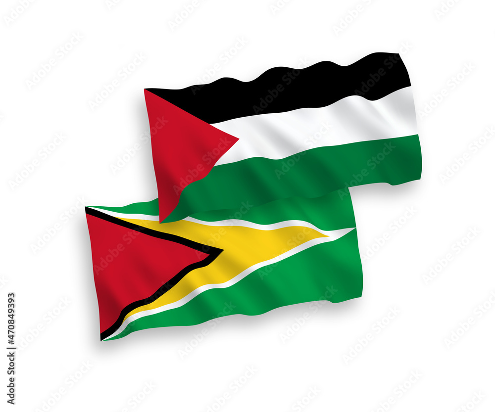 National vector fabric wave flags of Co-operative Republic of Guyana and Palestine isolated on white background. 1 to 2 proportion. National vector fabric wave flags of Co-operative Republic of Guyana and Palestine isolated on white background. 1 to 2 proportion.