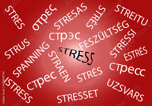 Stress o estrés en varios idiomas: inglés, castellano, portugués, catalán, finés, galés, holandés, irlandés, polaco, ruso, lituano, islandés, húngaro, ucraniano, griego, letón y noruego en fondo rojo