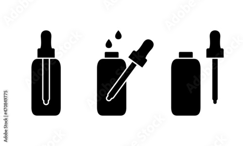 Serum or oil in dropper bottle, silhouette icons set. Cosmetic product in vial with pipette. Black simple vector. Contour isolated pictogram on white background