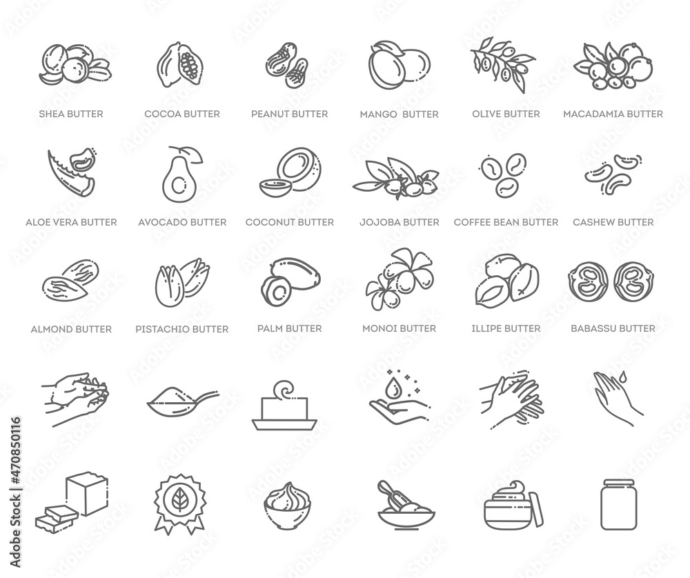 Natural Cosmetic Butters. Vector set of natural ingredients and Butters for cosmetics and foods