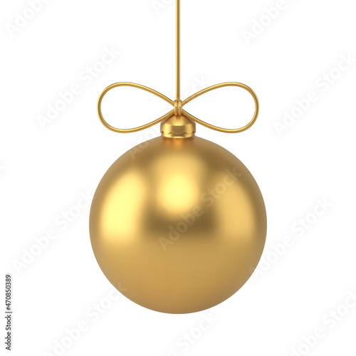 Gold Christmas tree decor sphere bauble hanged on rope with bow 3d realistic vector illustration