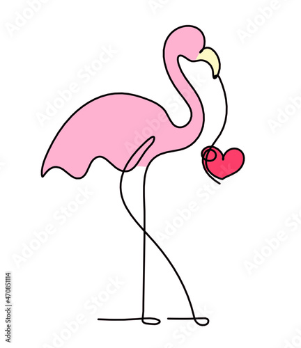 Silhouette of color abstract flamingo as line drawing on white. Vector