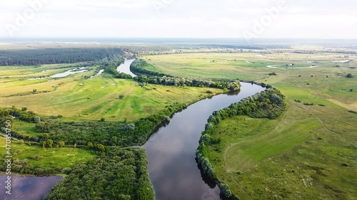 Over  river with wood. Aerial  landscape, top veiw