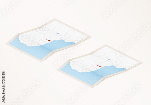 Two versions of a folded map of Togo with the flag of the country of Togo and with the red color highlighted.