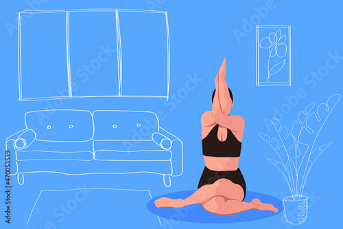 Girl in yoga pose on blue background with hand-drawn interior elements in doodle style