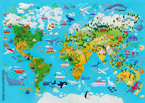 map of the world, with animals, illustration, for child ideal