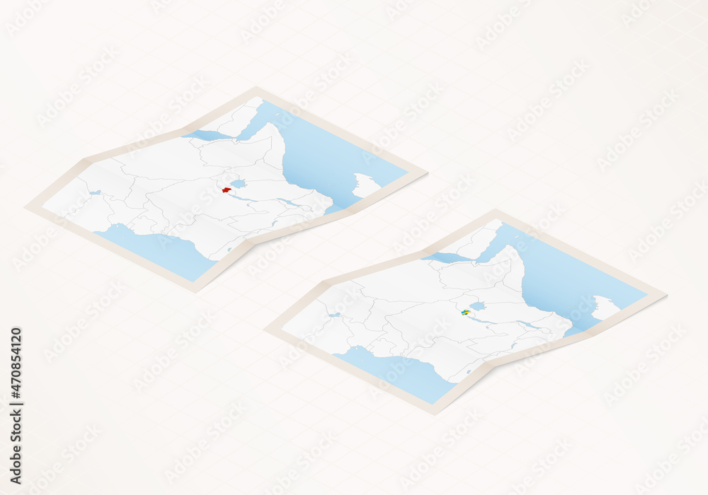 Two versions of a folded map of Rwanda with the flag of the country of Rwanda and with the red color highlighted. Two versions of a folded map of Rwanda with the flag of the country of Rwanda and with the red color highlighted.