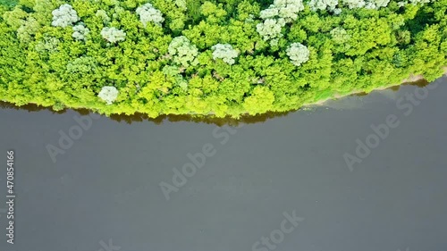 Over  river with wood. Aerial  landscape, top veiw