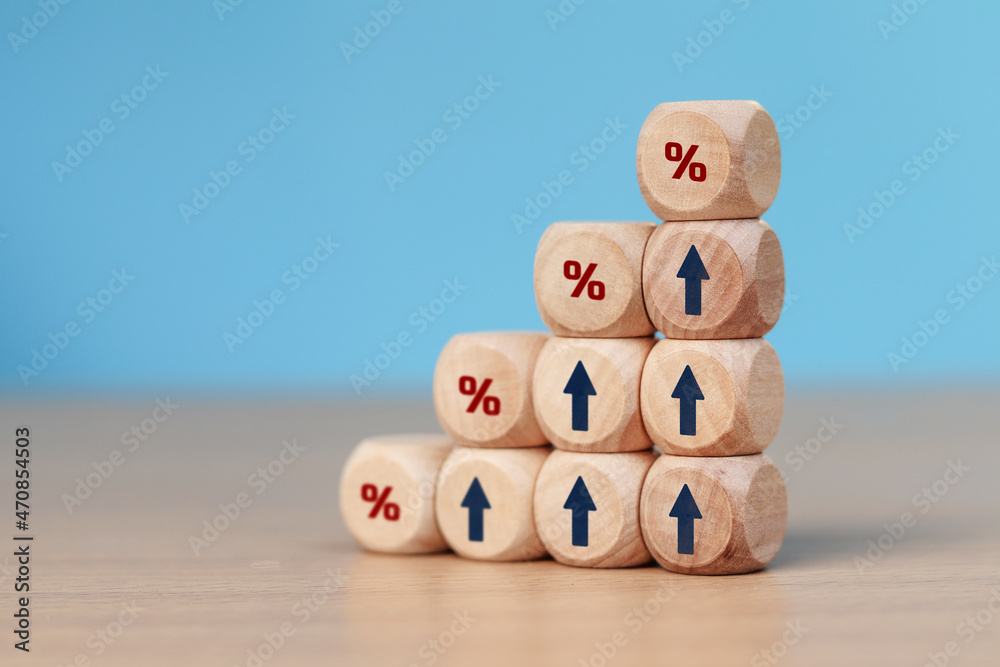 wooden cube block with arrow icon pointing towards percentage symbol icon, Finance and Mortgage Concepts interest rate wooden cube block with arrow icon pointing towards percentage symbol icon, Finance and Mortgage Concepts interest rate