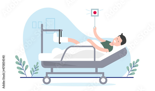 Man in hospital bed - Injured male person with broken foot vector illustration with white background.