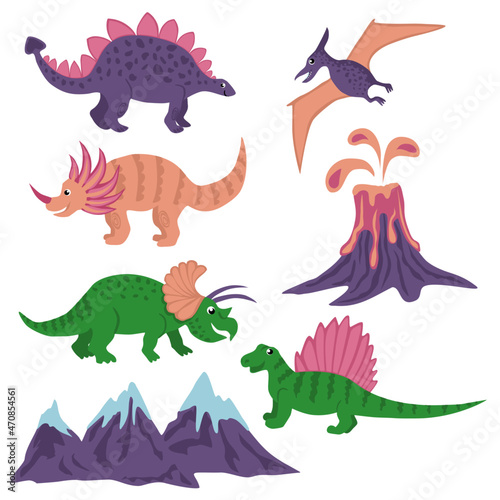 Set of vector illustrations. Dinosaurs and mountains.