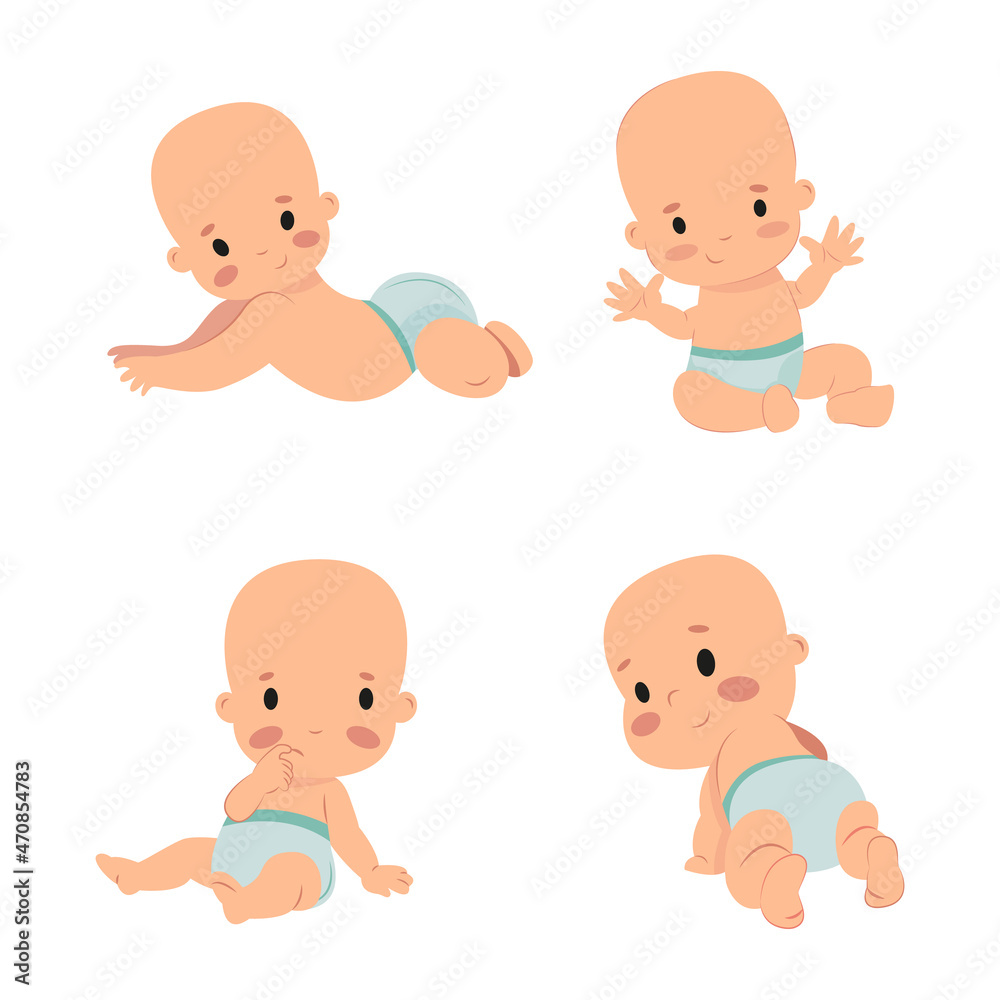 4 little boys in diapers are sitting on the floor, happy children, newborn children, newborn boy, smiling, sitting, hands up, crawling, thinking, lying on his tummy 