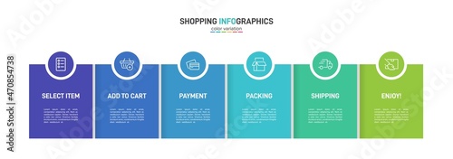 Concept of shopping process with 6 successive steps. Six colorful graphic elements. Timeline design for brochure, presentation, web site. Infographic design layout.