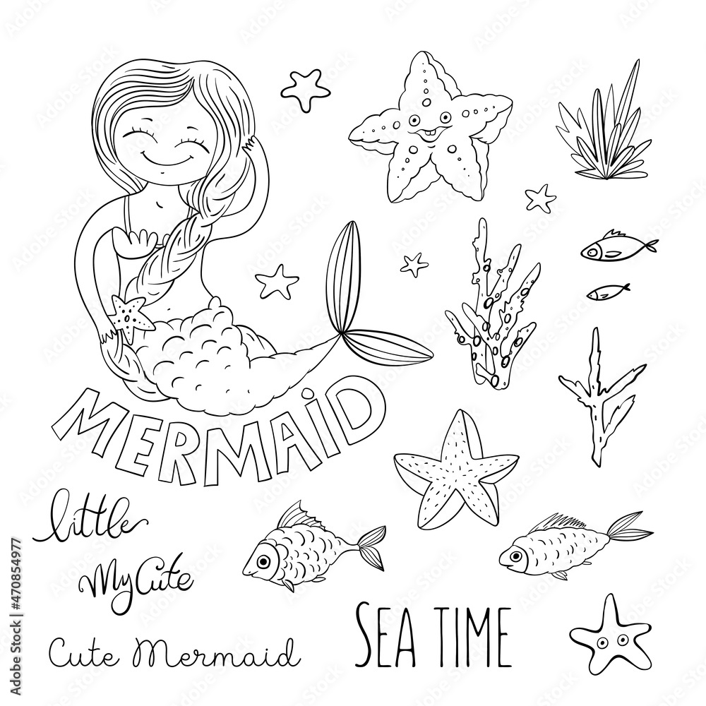 Mermaid girl cute vector character, t shart vector illustration. Set of sea  elements Stock Vector | Adobe Stock