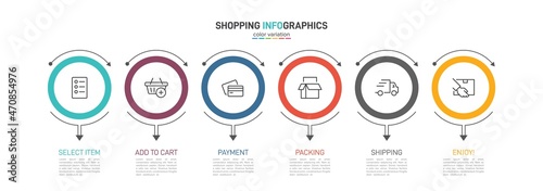 Concept of shopping process with 6 successive steps. Six colorful graphic elements. Timeline design for brochure, presentation, web site. Infographic design layout.