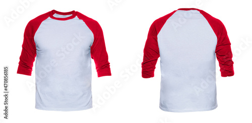 Blank sleeve Raglan t-shirt mock up templates color white/red front and back view on white background
 photo
