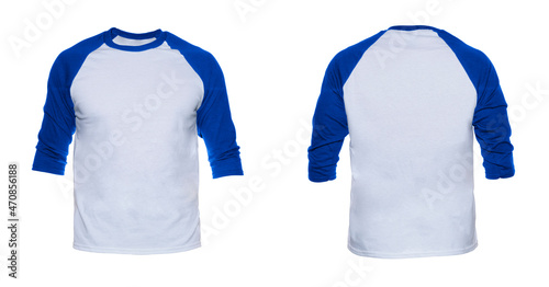 Blank sleeve Raglan t-shirt mock up templates color white/blue front and back view on white background
