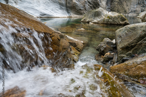 turquoise water of Hinterrhein in Viamala Canyon in Graub  nden