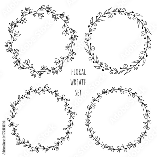 Set of Hand sketched vector wreaths with floral elements, flowers and leaves. For invitations, greeting cards, quotes, blogs, Wedding frames, posters. Isolated on white