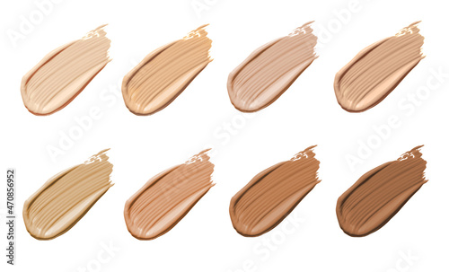 Foundation face make-up samples. Set of cosmetic liquid foundation or bb-cream in different colour smudge smear strokes. Make up smears nude lipstick isolated on white background. Liquid swatches set