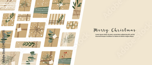 Christmas presents in kraft paper, wreaths. Rustic craft gift box. Eco decoration, eucalyptus, spruce. Xmas and New 2022 Year celebration. Vector flat cartoon illustration, winter banner, card, flyer