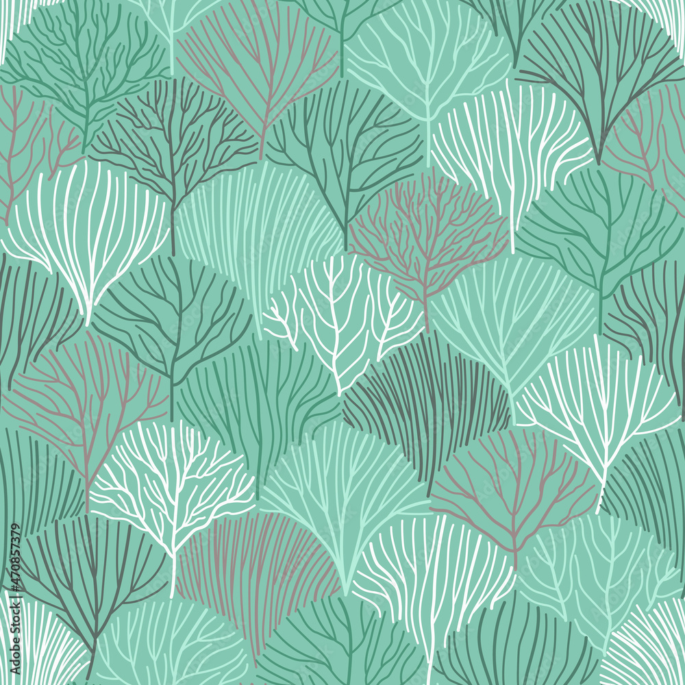 Spring forest seamless pattern, great design for women clothing. Delicate spring green-mint nature. Delicate colors of the spring forest. Flat vector illustration.