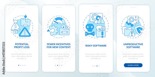 Cons of online piracy onboarding mobile app page screen. Risky program walkthrough 4 steps graphic instructions with concepts. UI, UX, GUI vector template with linear color illustrations