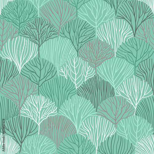 Spring forest seamless pattern, great design for women clothing. Delicate spring green-mint nature. Delicate colors of the spring forest. Flat vector illustration.