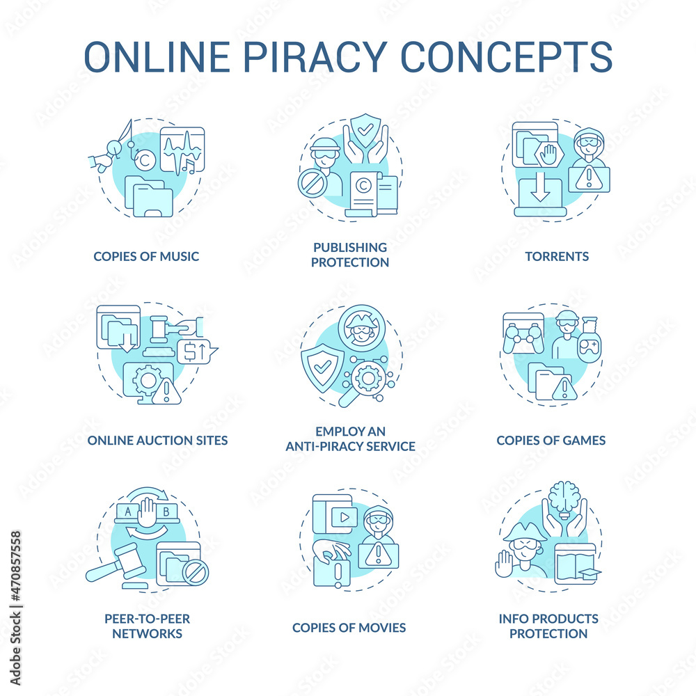 Online piracy blue concept icons set. Copyrighted content idea thin line color illustrations. Copies of music. Anti-piracy service. Torrents usage. Vector isolated outline drawings. Editable stroke