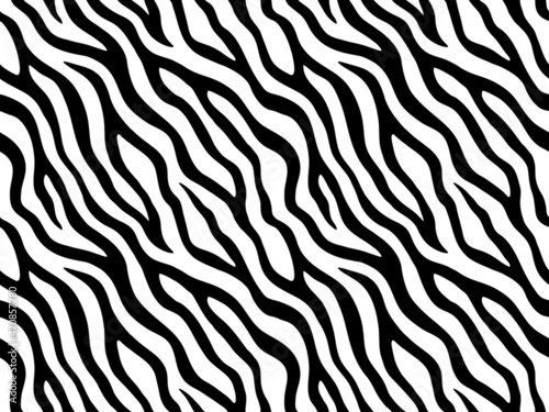 Zebra stripes seamless pattern. Tiger stripes skin print design. Wild animal hide artwork background. Black and white vector illustration