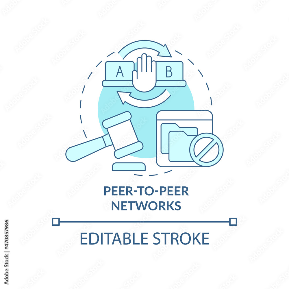 Peer-to-peer networks blue concept icon. Piracy source abstract idea thin line illustration. Sharing copyrighted works. Copyright infringement. Vector isolated outline color drawing. Editable stroke Peer-to-peer networks blue concept icon. Piracy source abstract idea thin line illustration. Sharing copyrighted works. Copyright infringement. Vector isolated outline color drawing. Editable stroke